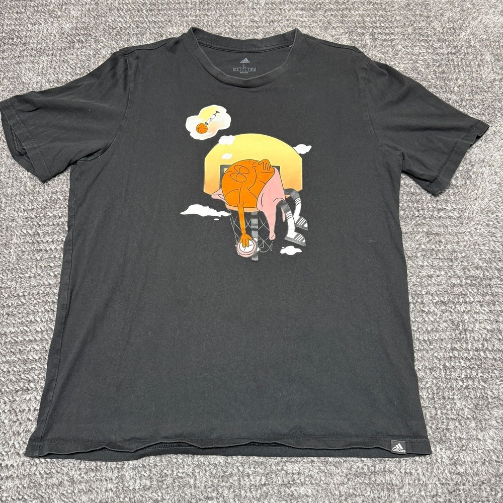 Adidas Mens Graphic T-Shirt Size L Black Basketball Cartoon Short Sleeve